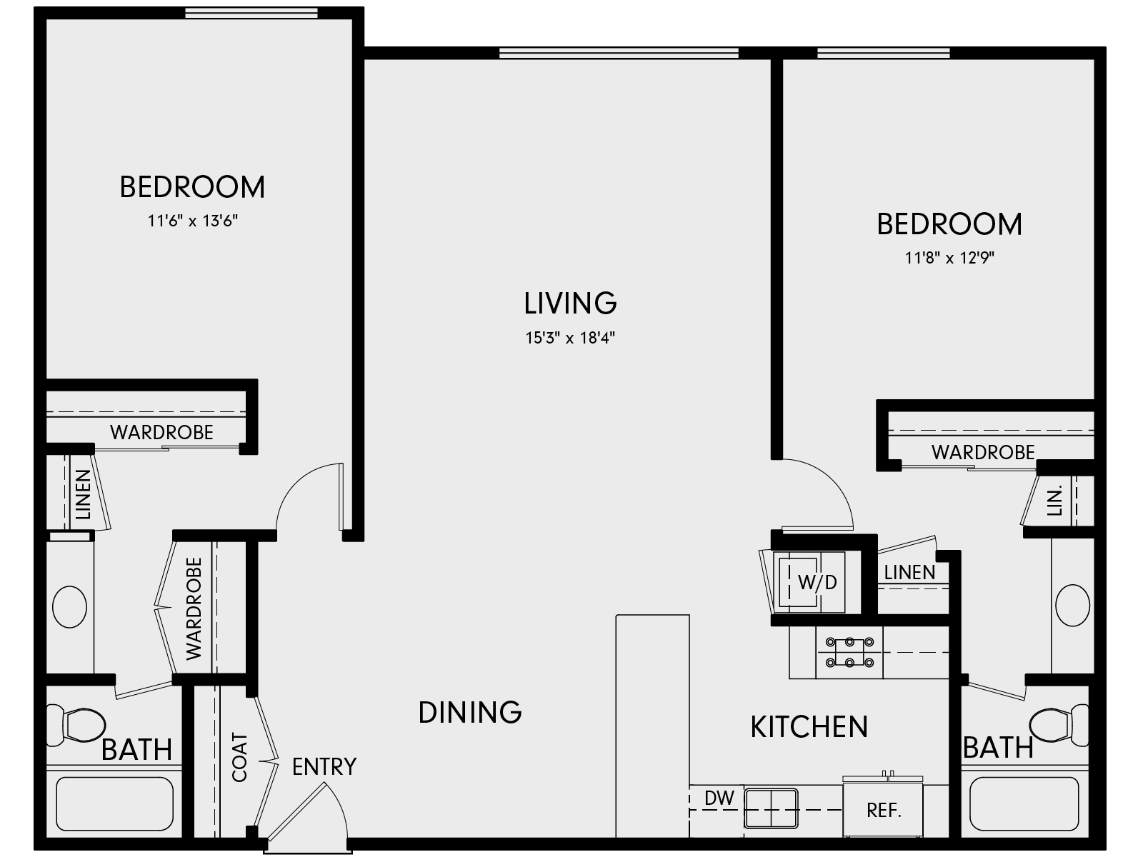 Floor plan for 2 beds, 2 baths, 1203 sqft